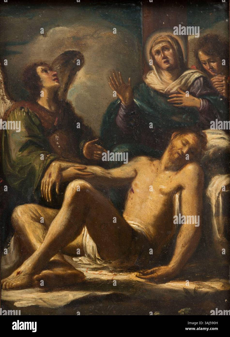 Dieses posthume Kunstwerk eines Anhängers Guercinos zeigt die Pietà, mit der Jungfrau Maria, die den Leib Christi, umgeben von Engeln, hält. Es ist ein Öl auf Kupfer, das nach 1656 gemalt wurde und die Trauer der Jungfrau Maria in den Momenten nach Christi Tod hervorhebt. Stockfoto