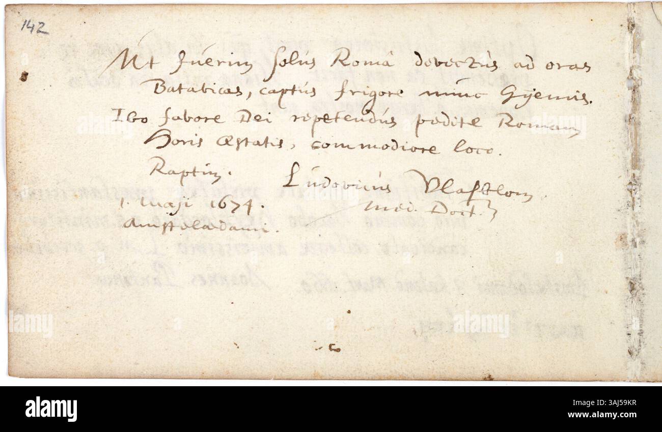 Ludovicus Vlasblom, ein niederländischer Arzt, schrieb am 1. Mai 1674 ein Gedicht zu Jacob Heyblocqs Album amicorum. Vlasbloms Hintergrund in Medizin und Poesie spiegelt sich in seinem Beitrag zu diesem intellektuellen Album wider. Stockfoto