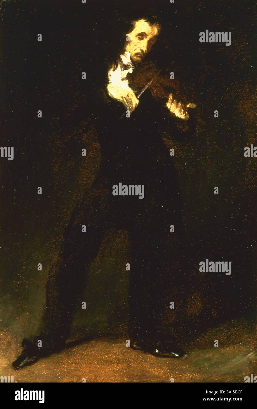 Ein Gemälde des Geigers Paganini des französischen Künstlers Ferdinand-Victor-Eugène Delacroix, 1831. Bei der Arbeit wird Öl auf Pappe auf Holzplatten montiert. Delacroix' dynamischer Stil fängt die Leidenschaft und Energie des berühmten Musikers ein. Stockfoto