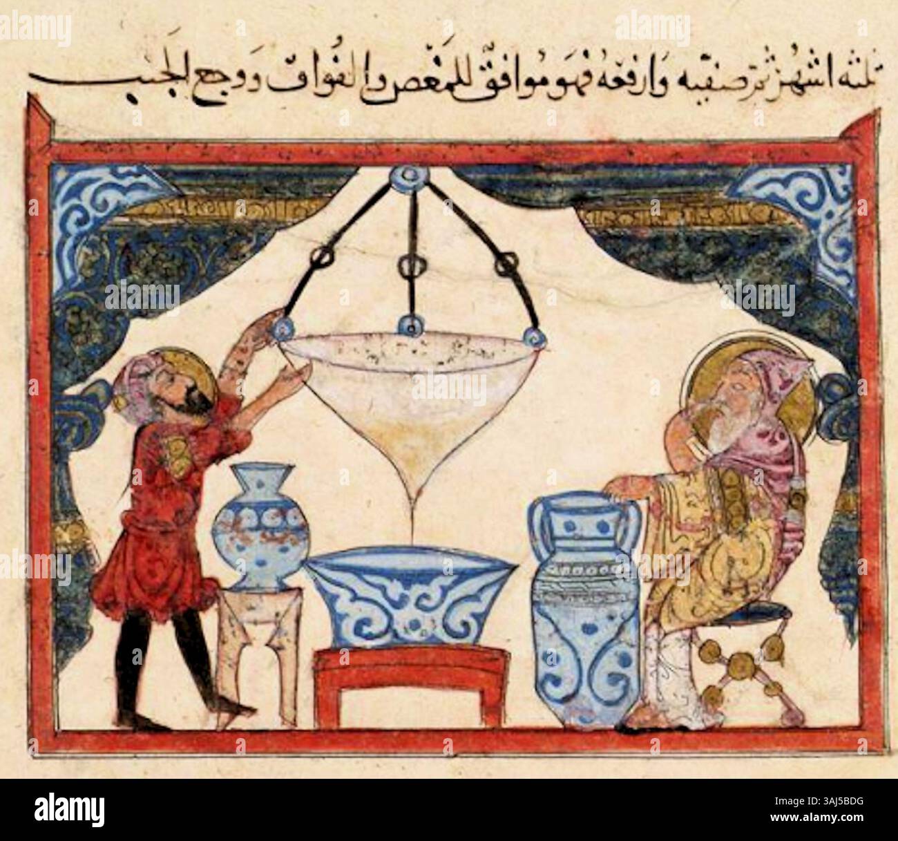 Eine Darstellung aus der Handschrift „de Materia Medica“ (1224) zeigt die Herstellung verschiedener Medikamente. Es veranschaulicht mittelalterliche pharmakologische Praktiken und die Verwendung natürlicher Substanzen in medizinischen Behandlungen. Stockfoto