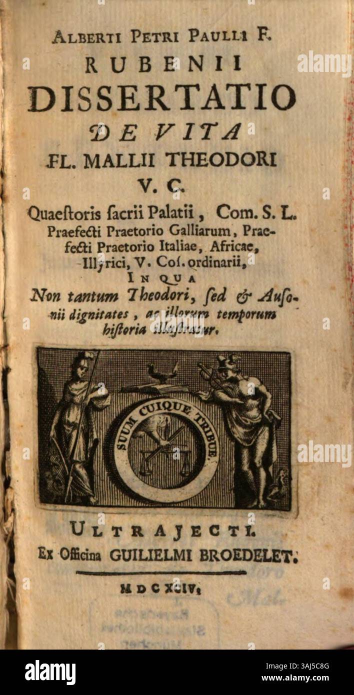 Die Titelseite von Albert Rubens' Dissertatio de vita FL. Mallii Theodori' (1694), gedruckt von Willem Broedelet, ist mit detaillierten Stichen versehen und gehört zur Sammlung der Bayerischen Staatsbibliothek. Stockfoto