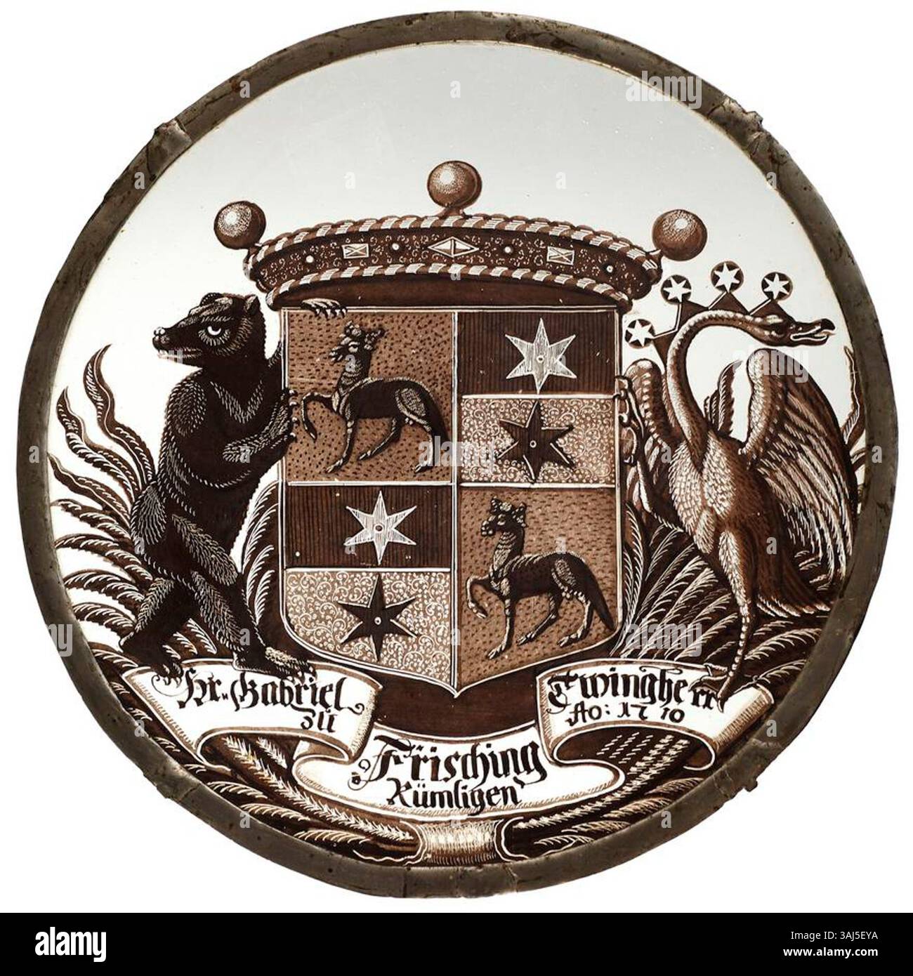 Das Grisaillegemälde von Gabriel Frisching aus dem Jahr 1710 zeigt Schloss Rümligen und bietet einen monochromatischen Blick auf das gut. Das Kunstwerk ist eine detaillierte Darstellung, in der Grauschattierungen die Architektur und die umgebende Landschaft des frühen 18. Jahrhunderts darstellen. Stockfoto