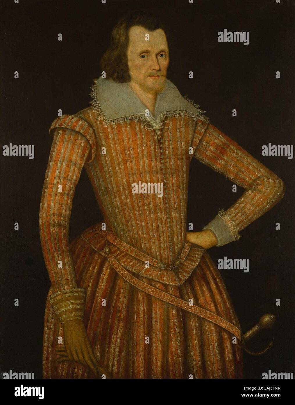 Dieses Porträt aus dem 17. Jahrhundert, das Robert Peake dem Älteren zugeschrieben wird, soll Thomas Knatchbull darstellen, der eine scharlachrote und weiße Tunika mit weißem Spitzenkragen trägt. Das Kunstwerk Öl auf Leinwand bietet einen Einblick in die englische Aristokratie in der späten Tudorzeit. Stockfoto