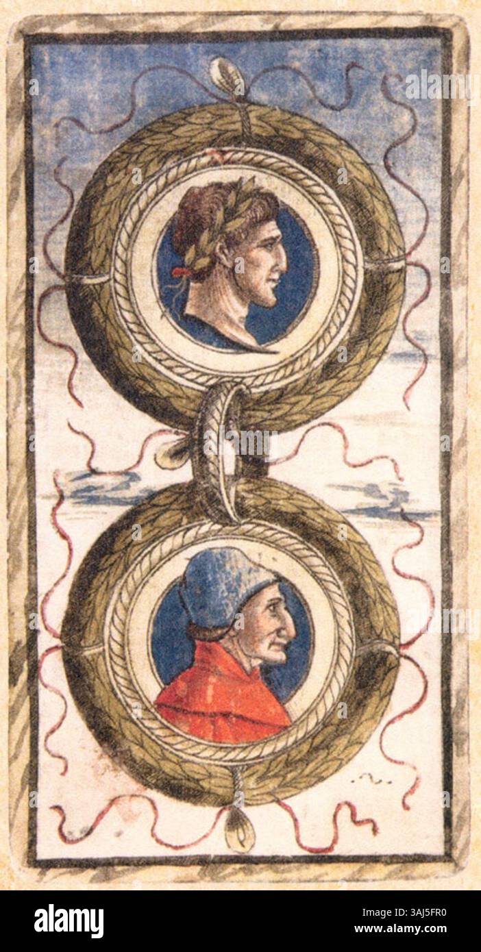 Die Karte 37 vom Sola Busca Tarot-Deck, die 1491 erstellt wurde, ist Teil einer bedeutenden historischen Tarot-Sammlung. Die Kunst des Decks zeigt komplexe Darstellungen, die sowohl mittelalterliche als auch Renaissance-Elemente widerspiegeln. Stockfoto