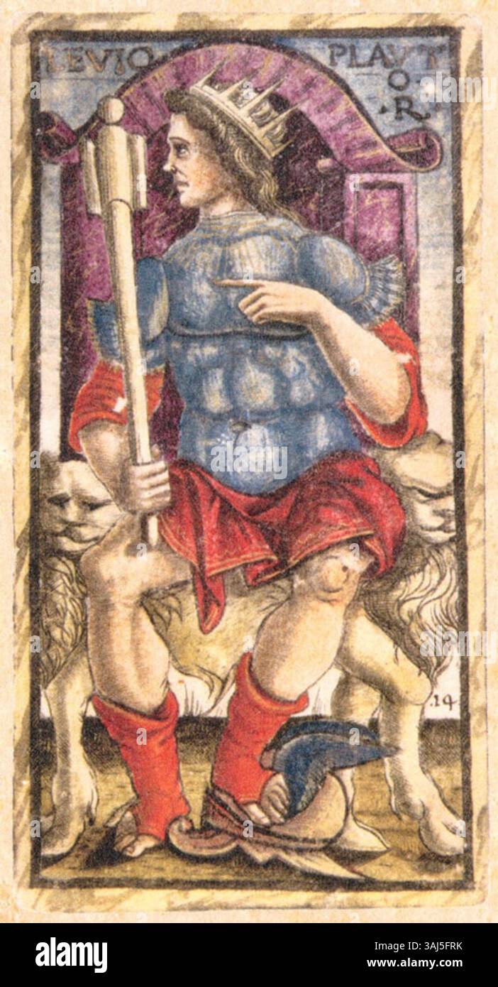 Die Karte 63 von der Sola Busca Tarotkarte, die 1491 erstellt wurde, ist eine der ältesten erhaltenen Tarotkarten, bekannt für ihre detailreiche künstlerische Gestaltung, die mittelalterliche und Renaissance-Stile miteinander verbindet. Stockfoto