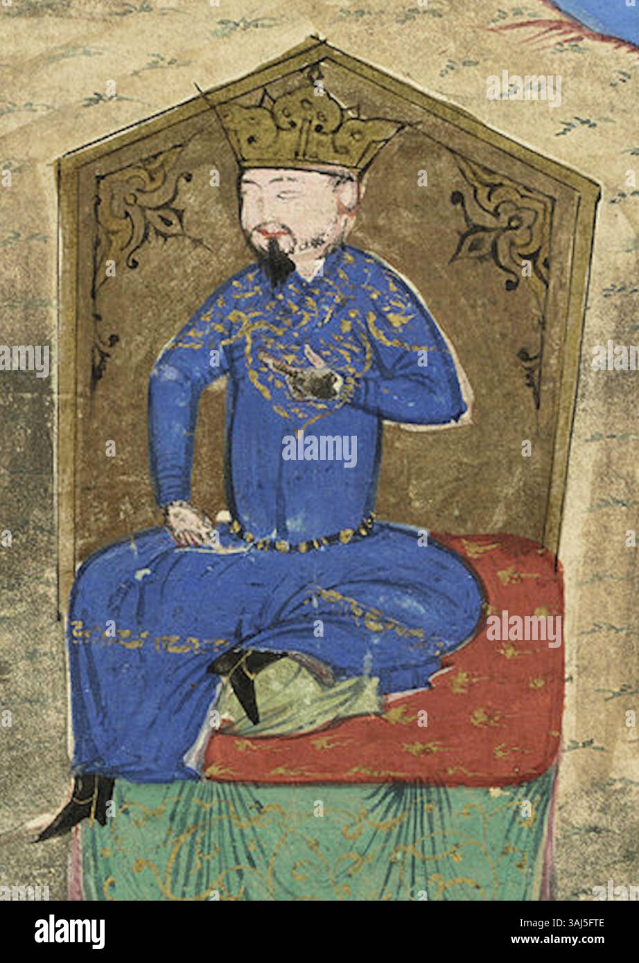 Die Darstellung von Sultan Tughril III. In dieser Handschrift von 1425 zeigt den Sultan in einer königlichen Pose und demonstriert den Kunststil dieser Zeit. Das komplizierte Design der Manuskripte unterstreicht die Bedeutung des Sultans und die künstlerischen Errungenschaften der Epoche. Stockfoto
