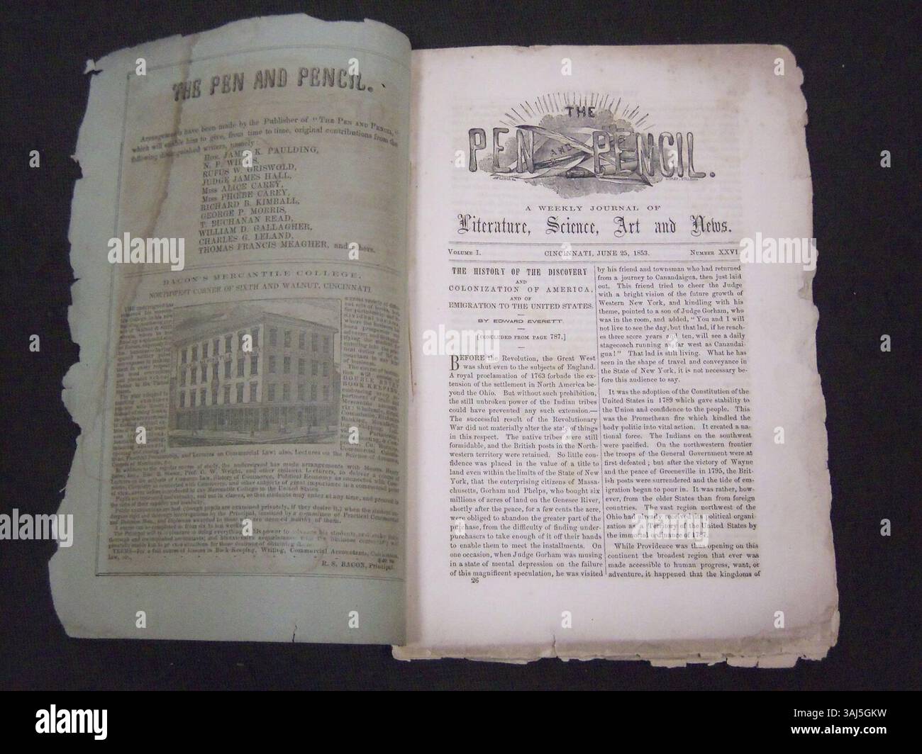 Diese Ausgabe der Wochenzeitschrift „The Pen and Pencil“ vom 25. Juni 1853 enthält Artikel über Literatur, Wissenschaft, Kunst und Nachrichten. Es zeigt eine Illustration des Mercantile College von Bacon und spiegelt den Fokus der frühen Publikation auf Kunst und Literatur wider. Stockfoto