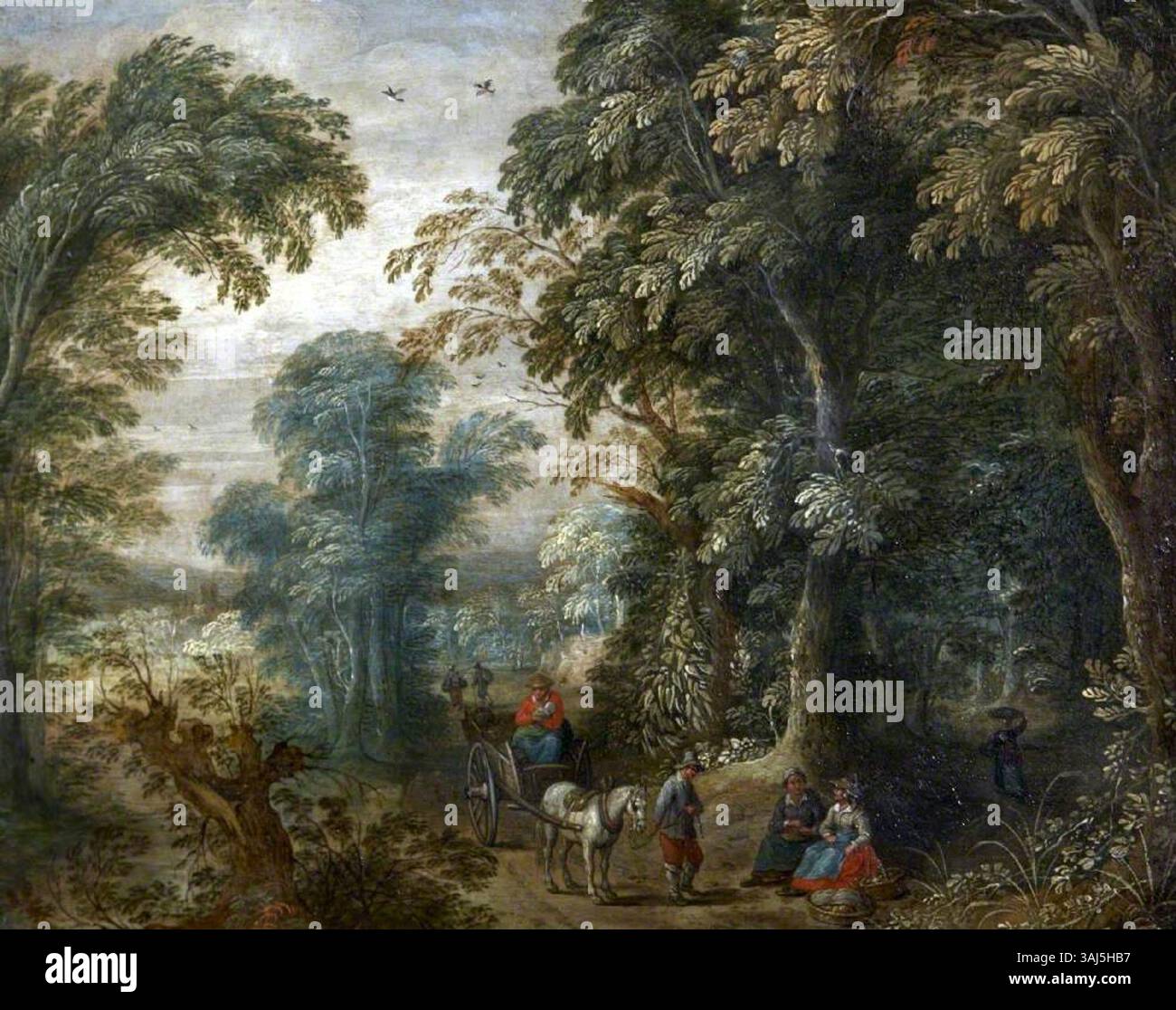 Dieses Landschaftsgemälde von einem Anhänger von Anton Mirou zeigt einen Pferdewagen auf einer bewaldeten Straße. Das Werk, das zwischen 1670 und 1729 entstanden ist, wird in Öl auf Kupfer verarbeitet und fängt das ländliche Leben dieser Zeit ein. Stockfoto