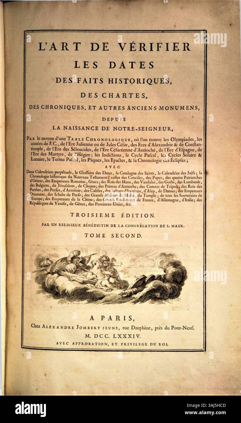 „L'Art de vérifier les Dates“ (1784) eines anonymen Autors bietet eine chronologische Tabelle zur Verifizierung historischer Fakten, wobei der methodische Ansatz für eine genaue historische Aufzeichnung im Mittelpunkt steht. Stockfoto