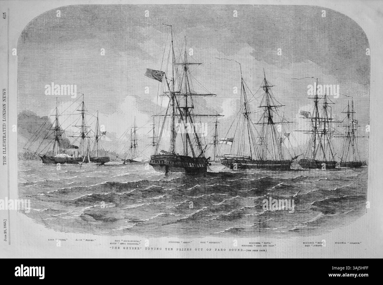 Ein Kupferstich aus *The Illustrated London News* vom 23. Juni 1855, in dem die HMS Geyser zehn Schiffe aus dem Faro Sound schleppt. Zu den beteiligten Schiffen gehören verschiedene Schiffstypen wie Brigs und Schoner. Stockfoto