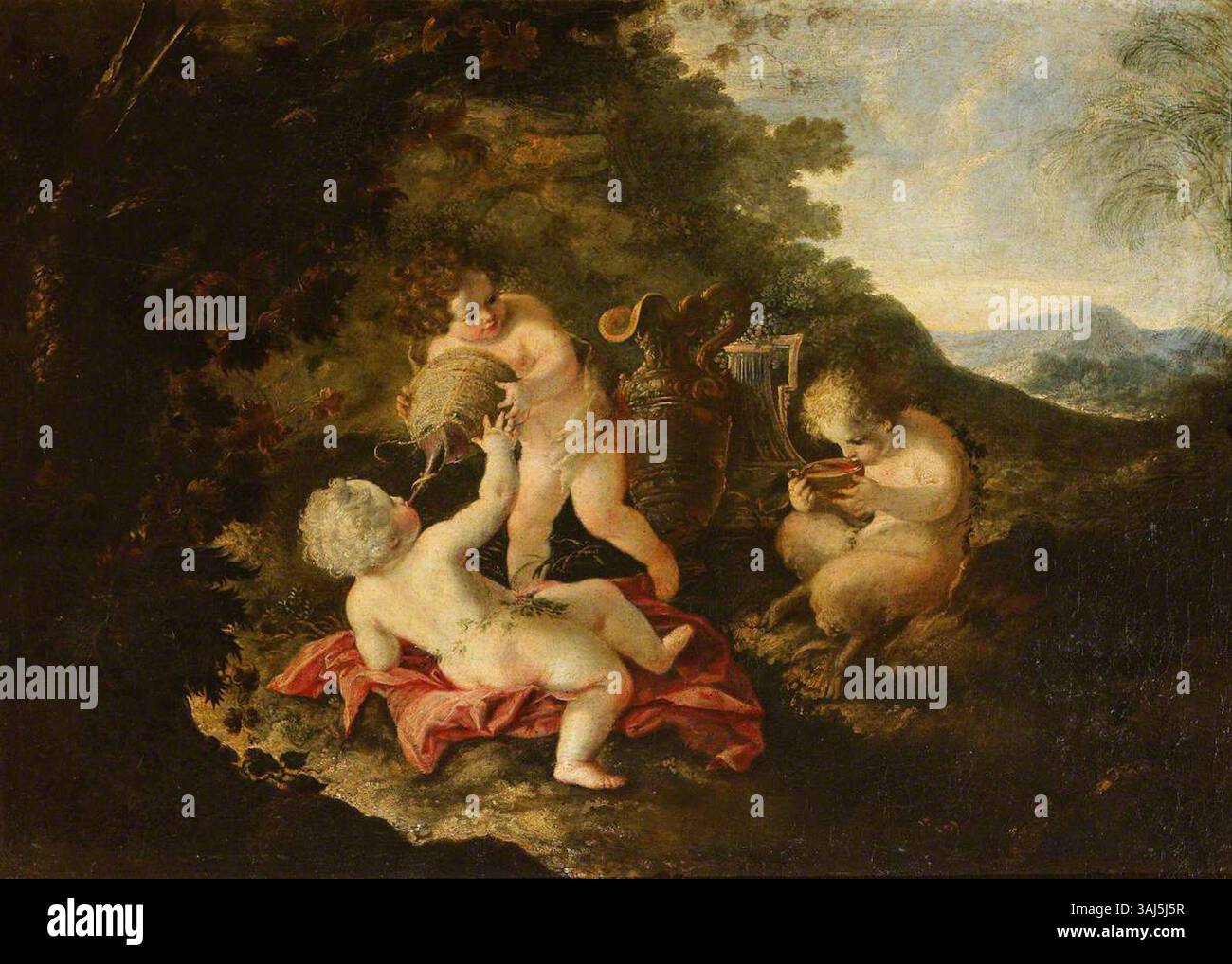 Dieses mythologische Gemälde, das Bartolomeo Guidobono zugeschrieben wird, zeigt zwei Putti und einen Baby-Satyr. Es wurde um 1670 in Öl auf Leinwand gemalt. Stockfoto