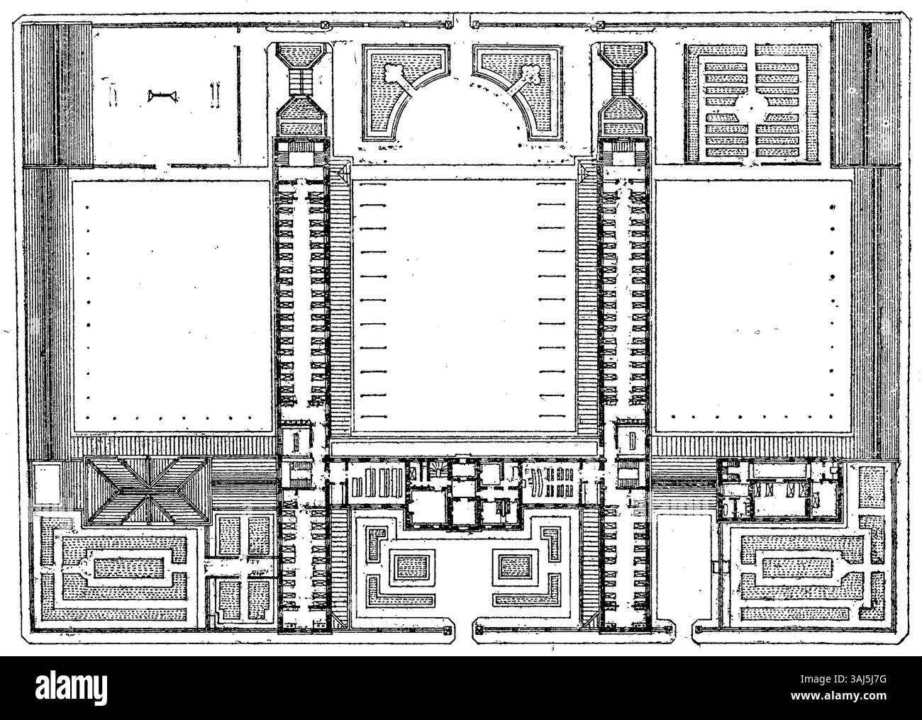 Der architektonische Plan des 1. Obergeschosses des Collège Carnot, Fontainebleau, von Marcel Lambert aus dem Jahr 1890 zeigt die Grundrisse des Obergeschosses dieses Bildungsgebäudes. Es ist Teil der Encyclopédie de l'Architecture et de la Construction, die von Paul Planat geleitet wurde und die detaillierte Gestaltung des Fußbodens der Institution darstellt. Stockfoto