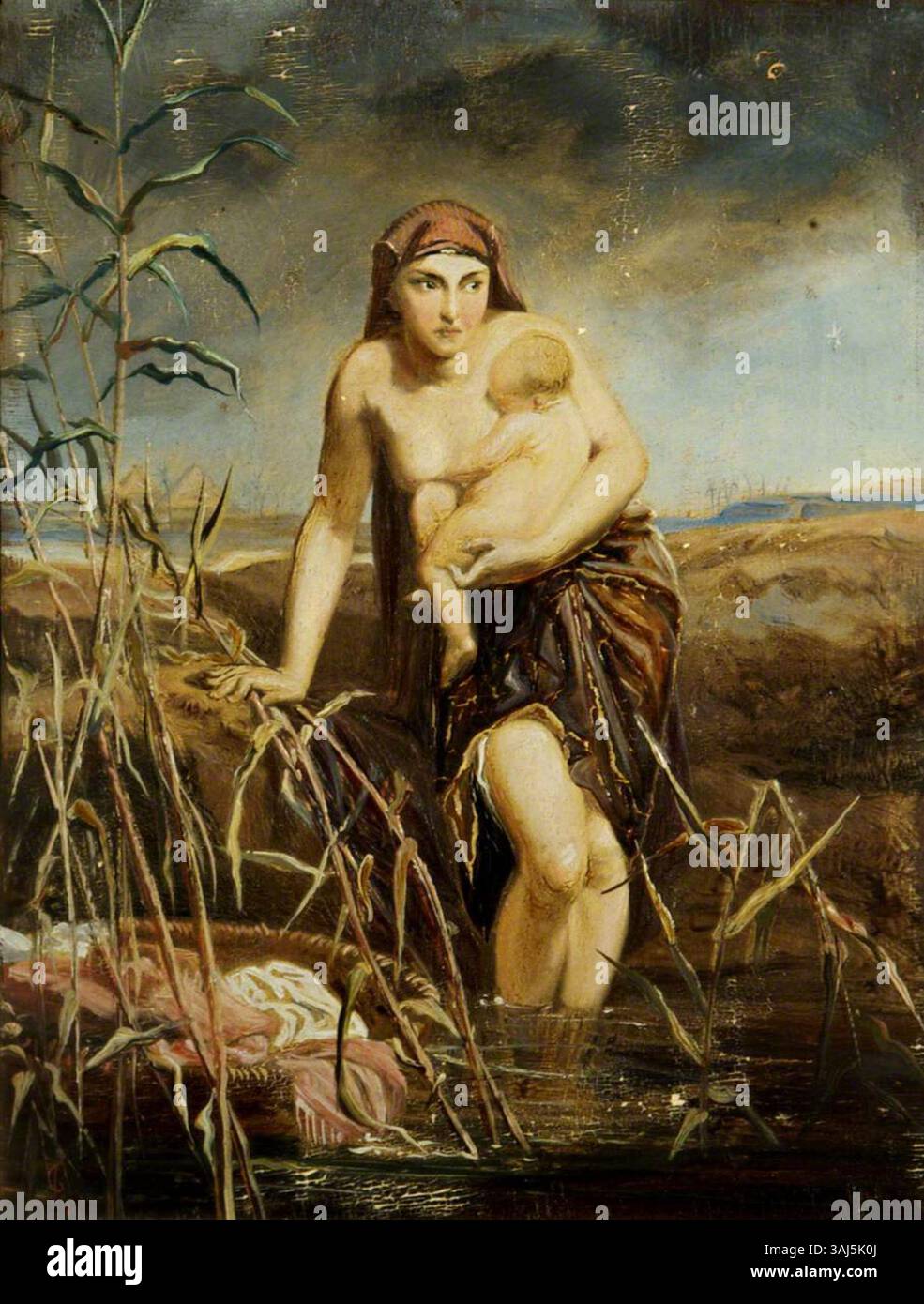 Eine biblische Szene, die Moses mit seiner Mutter in den Stierköpfen darstellt, gemalt zwischen 1800 und 1899. Das Öl auf Leinwand fängt diesen Moment aus dem Buch Exodus ein. Stockfoto