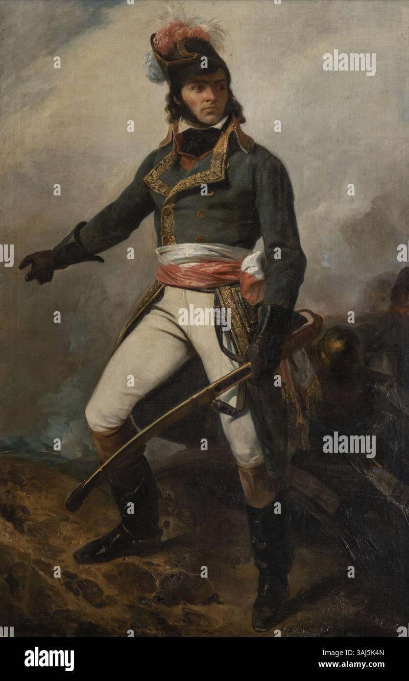 Ein Porträt von General Barthélemy Catherine Joubert aus dem 19. Jahrhundert, einem französischen General während der Revolutionskriege. Dieses Gemälde von Francois Bouchot, das vor einer zerstörten Kanone steht und seine Truppen hinter sich verwurzelt sind, fängt die Intensität dieser Zeit ein. Stockfoto