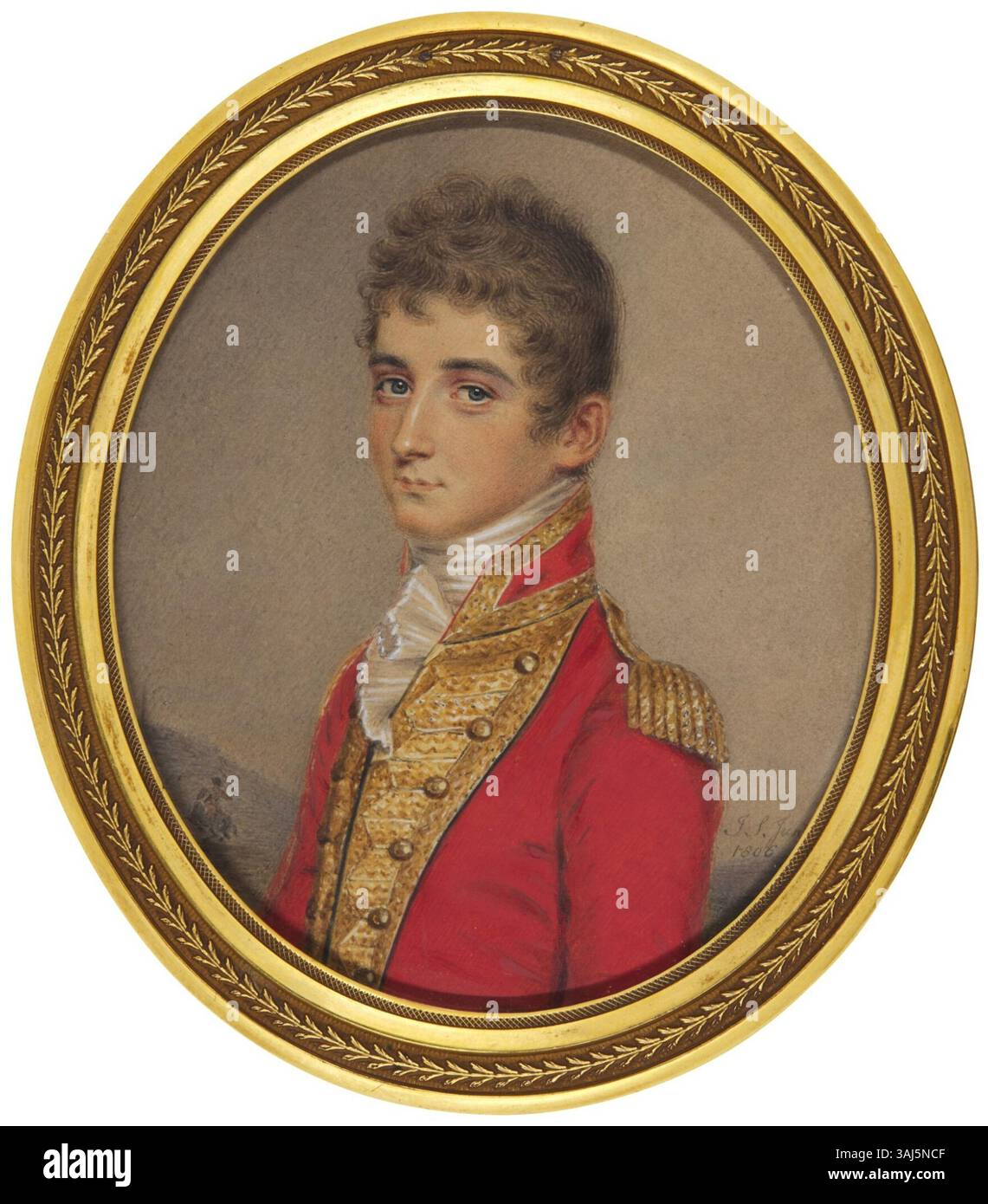 Dieses Porträt von John Smart Junior aus dem Jahr 1806 fängt den Hon. Edward Pyndar Lygon, den vierten Sohn des 1. Earl Beauchamp ein. Das Aquarell auf der Karte ist fein ausgeführt und zeigt Lygon in einem Rahmen aus vergoldetem Metall. Lygon war eine bedeutende Figur in den Kriegen auf der Halbinsel und nahm an der Schlacht von Waterloo Teil. Stockfoto