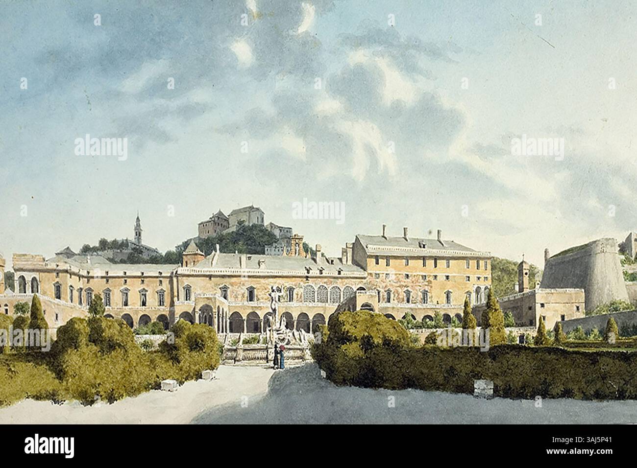 Dieses Aquarell von Luigi Garibbo zeigt die Villa del Principe und zeigt die Pracht des Doria-Palastes vor 1825. Das Gemälde fängt die italienische Landschaft und Architektur in feinen Details ein. Stockfoto