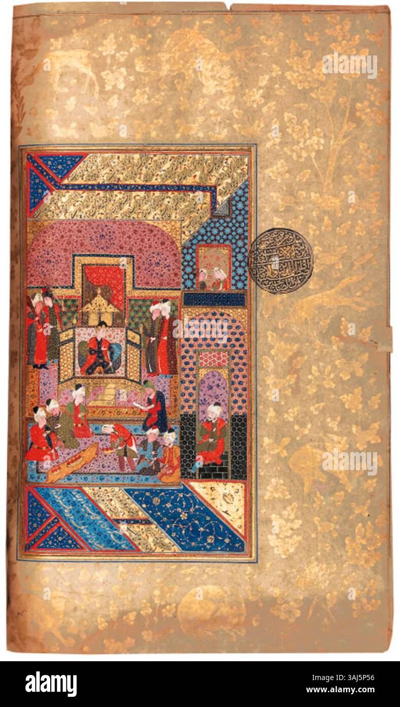 Diese persische Handschrift „Diwan“ von nur al-DIN „Abd al-Rahman Jami“ aus dem Jahr 1563-64 enthält wichtige Werke der persischen Literatur, die Schriften in nasta'liq-Schrift mit goldenen und silbernen Akzenten auf braunem Papier enthält. Stockfoto