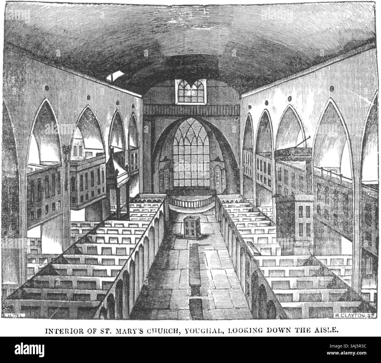 Dieses Bild aus dem Jahr 1836 aus dem Dublin Penny Journal zeigt das Innere der St. Mary's Church in Youghal, Irland, mit Blick auf das Kirchenschiff. Sie veranschaulicht die architektonischen Merkmale der Kirche und fängt die Pracht und Gelassenheit des heiligen Raumes ein. Stockfoto Dieses Bild aus dem Jahr 1836 aus dem Dublin Penny Journal zeigt das Innere der St. Mary's Church in Youghal, Irland, mit Blick auf das Kirchenschiff. Sie veranschaulicht die architektonischen Merkmale der Kirche und fängt die Pracht und Gelassenheit des heiligen Raumes ein. Stockfoto