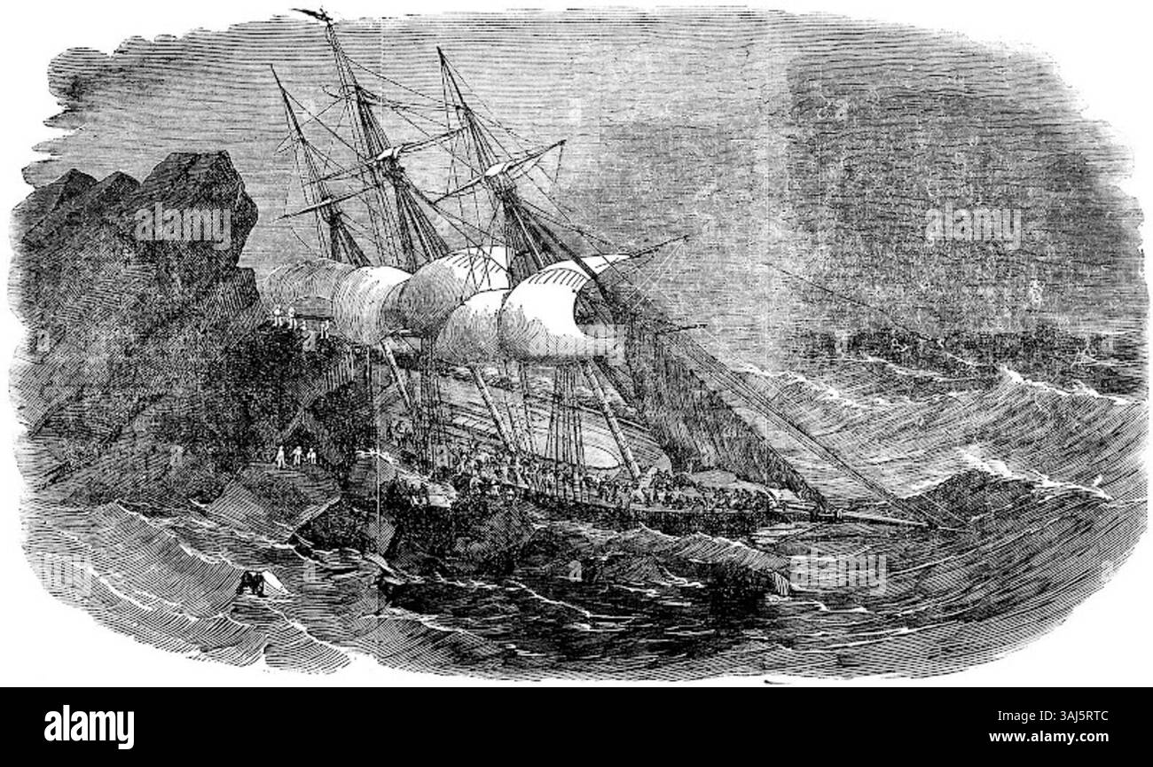 Diese abgeschnittene Version der Illustration der illustrierten London News zeigt das Wrack des „Tayleur“ vor Lambay Island. Der tragische Verlust dieses Eisenklippers, Teil der Flotte der White Star Line, unterstreicht die Verwundbarkeit der frühen Dampfschiffe während ihrer Jungfernfahrten. Stockfoto