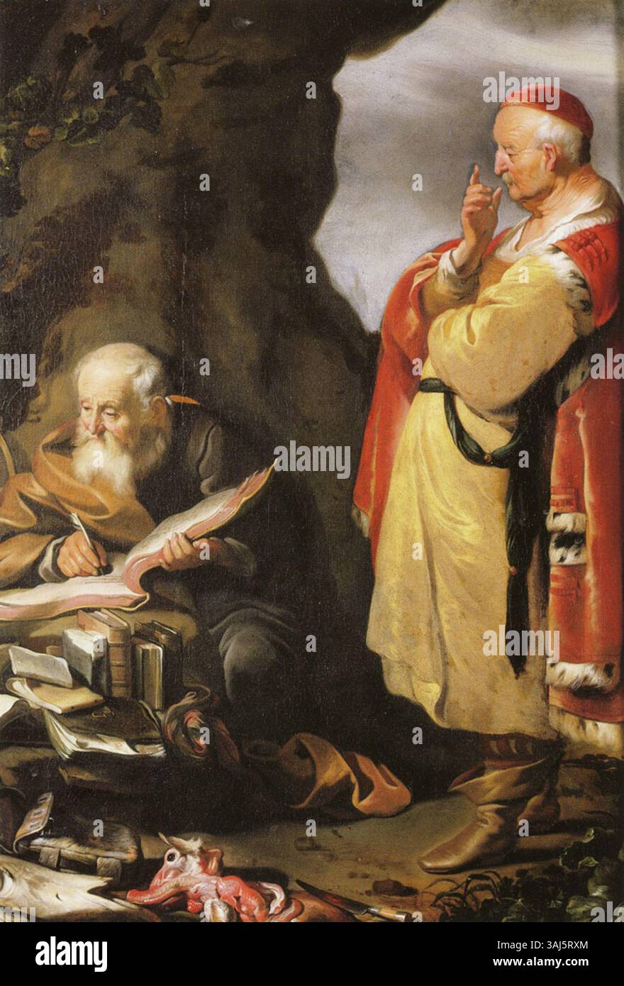 Jacob Adriaensz Backers Gemälde um 1630 zeigt Hippokrates, der den Philosophen Demokrit in Abdera besucht. Das Kunstwerk Öl auf Leinwand veranschaulicht die Begegnung dieser beiden Figuren aus der klassischen Antike und fängt ihren intellektuellen Austausch ein. Stockfoto