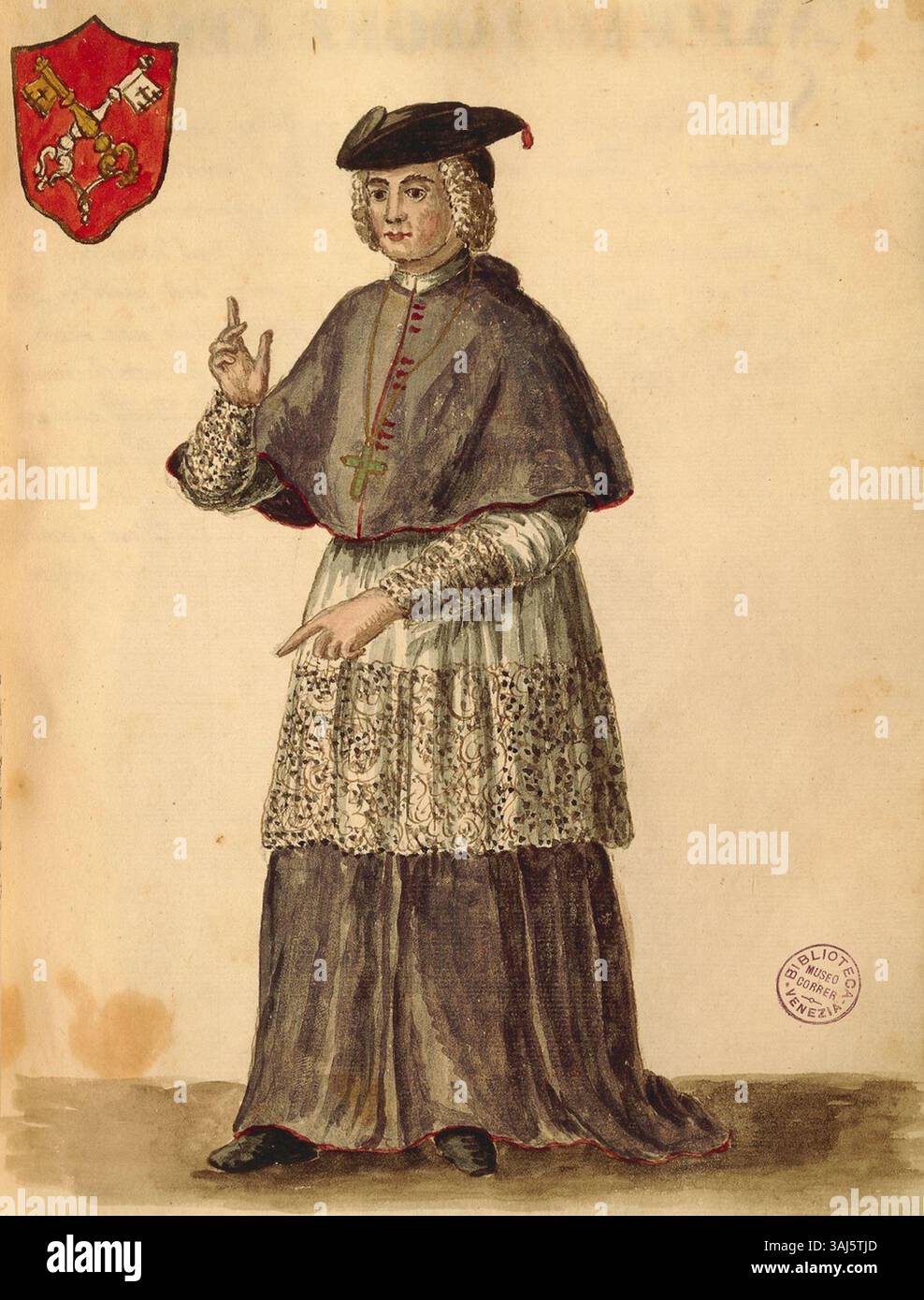 Porträt des päpstlichen Legaten in Venedig von Jan van Grevenbroeck, 18. Jahrhundert. Das Gemälde zeigt den Vertreter des Papstes in Venedig und betont den Status und die Kleidung der Figur. Stockfoto