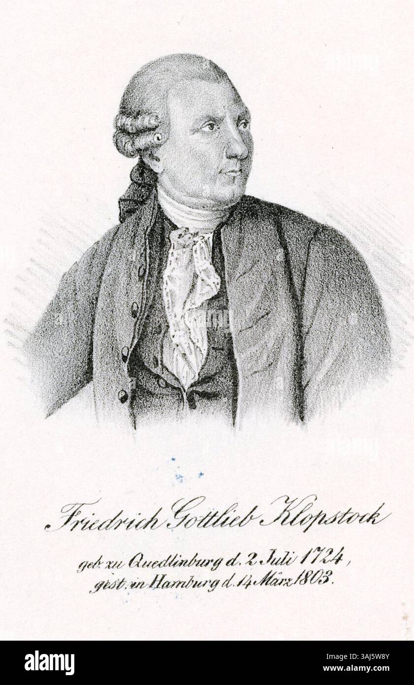 Dieses Porträt von Friedrich Gottlieb Klopstock, einer der Hauptfiguren der deutschen Lyrik, repräsentiert seinen nachhaltigen Einfluss auf die deutsche Literaturtradition. Er wurde 1724 in Quedlinburg geboren und starb 1803 in Hamburg. Seine Werke sind in der europäischen Literatur nach wie vor einflussreich. Stockfoto