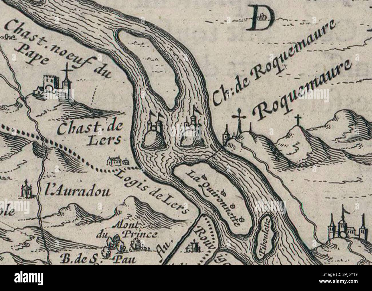 Ein Kartendetail aus dem Jahr 1627, das das Fürstentum Orange und den Comtat Venaissin zeigt, zeigt Sehenswürdigkeiten wie Château de Roquemaure und Château de Lhers entlang des Flusses Rhône mit umgekehrter Nordausrichtung. Stockfoto