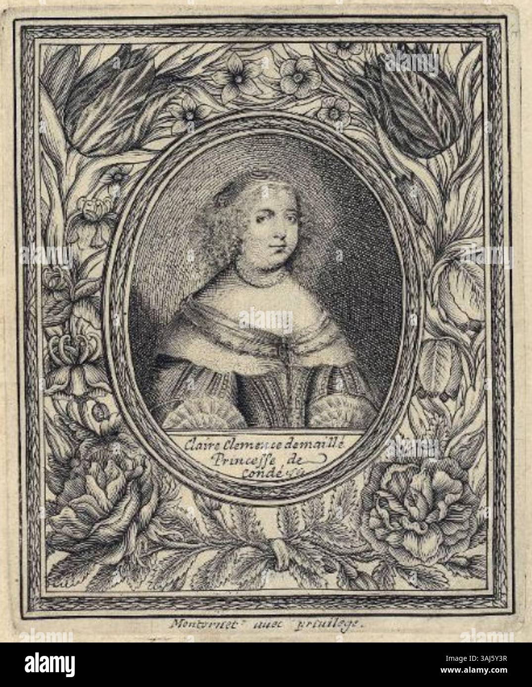 Dieser Stich aus dem 17. Jahrhundert zeigt Claire-Clémence de Maillé-Brézé, die Ehefrau von Louis Grand Condé. Die Gravur präsentiert sie in formeller Kleidung, die charakteristisch für die damaligen Edelfrauen ist, und zeigt das Detail und Können der Graveurin. Stockfoto