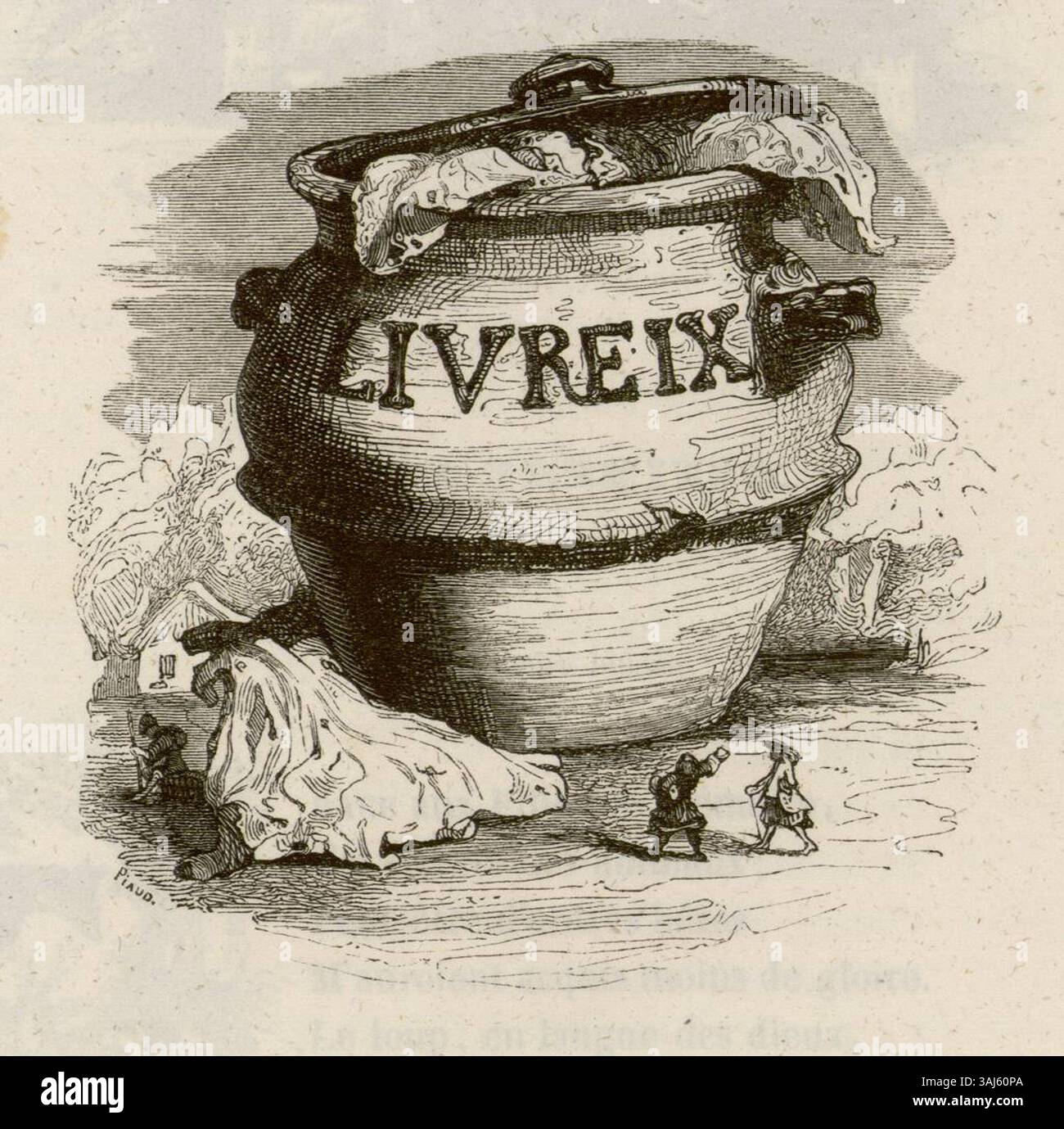 Ein Druck aus La Fontaines Fables, Buch IX, erstellt 1838. Dieses Stück ist Teil einer größeren Sammlung von Fabeln, die wichtige moralische Lehren durch Tierfiguren und allegorische Geschichten vermitteln. Stockfoto