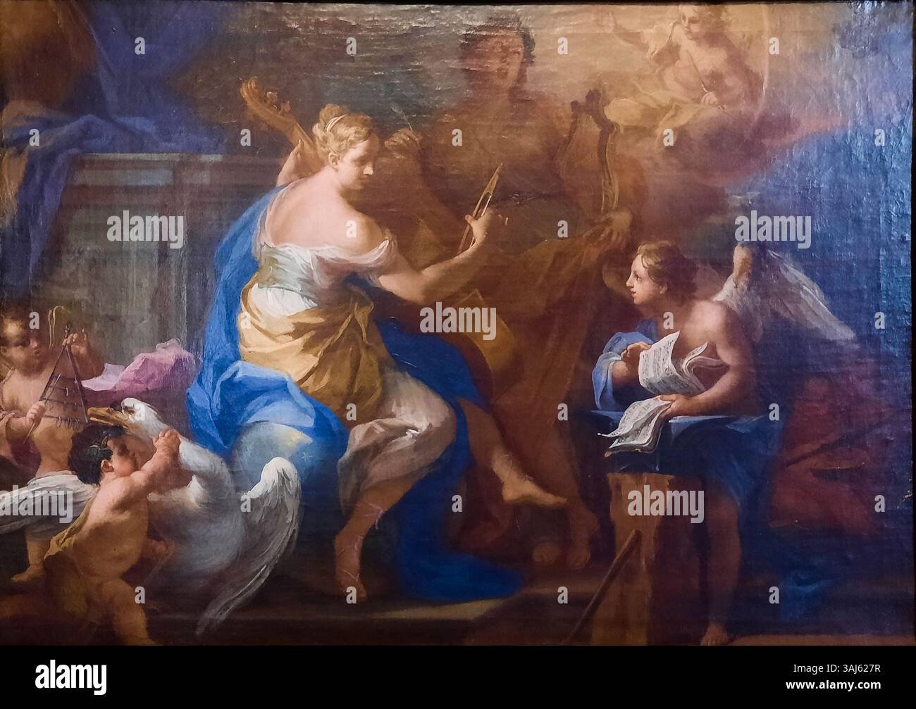 Sebastiano Concas Gemälde „Allegory of Music and Poetry“ (1707–1713) zeigt die künstlerischen Darstellungen dieser beiden kulturellen Disziplinen. Stockfoto