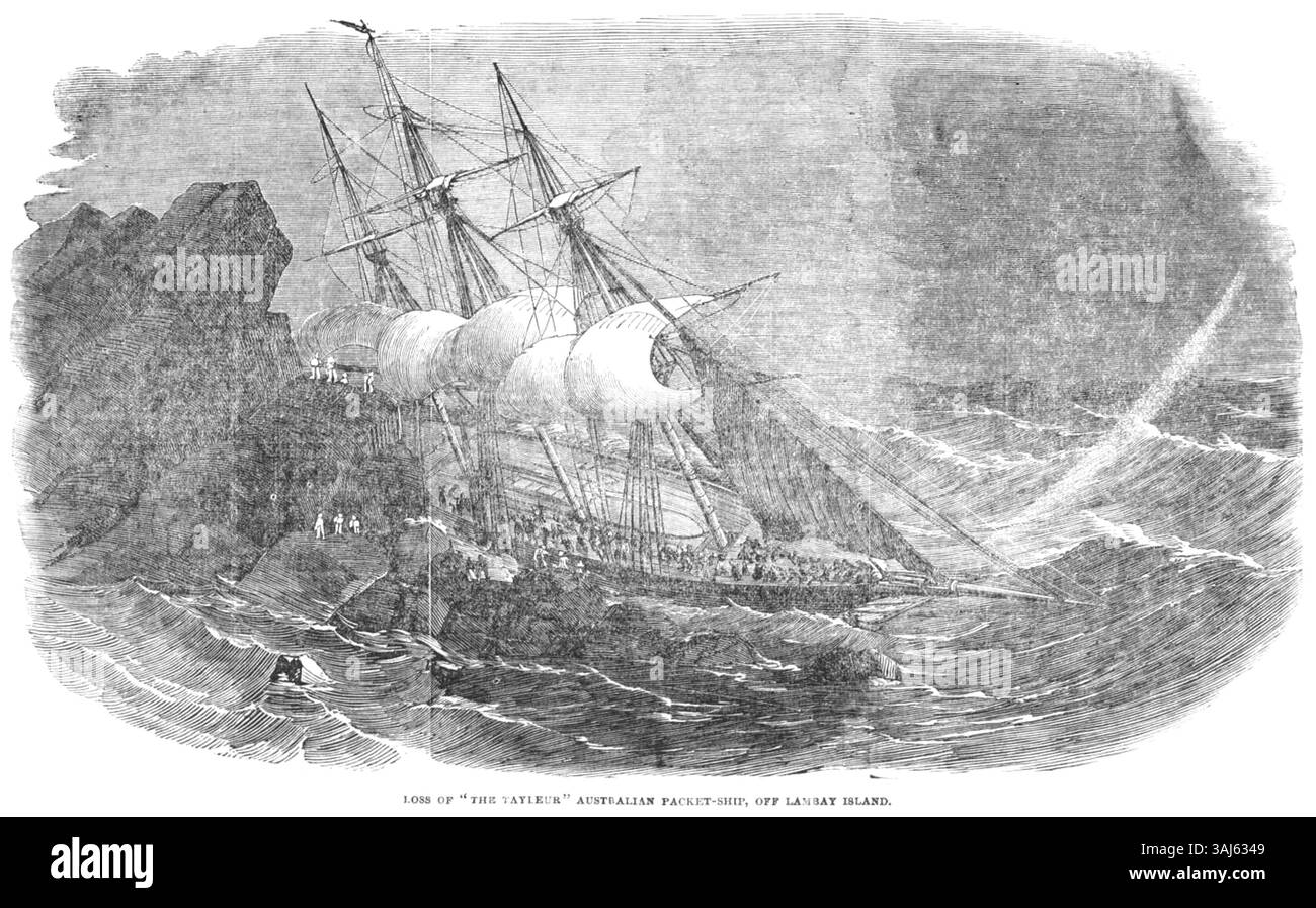 Diese Illustration aus den Illustrated London News vom 28. Januar 1854 zeigt das tragische Wrack des „Tayleur“ in der Bucht von Dublin. Das Schiff ging kurz nach seiner Jungfernfahrt vor Lambay Island verloren, was eine große Katastrophe auf See bedeutete. Das Schiff war Teil der White Star Line, die für den australischen Passagierverkehr konzipiert wurde. Stockfoto