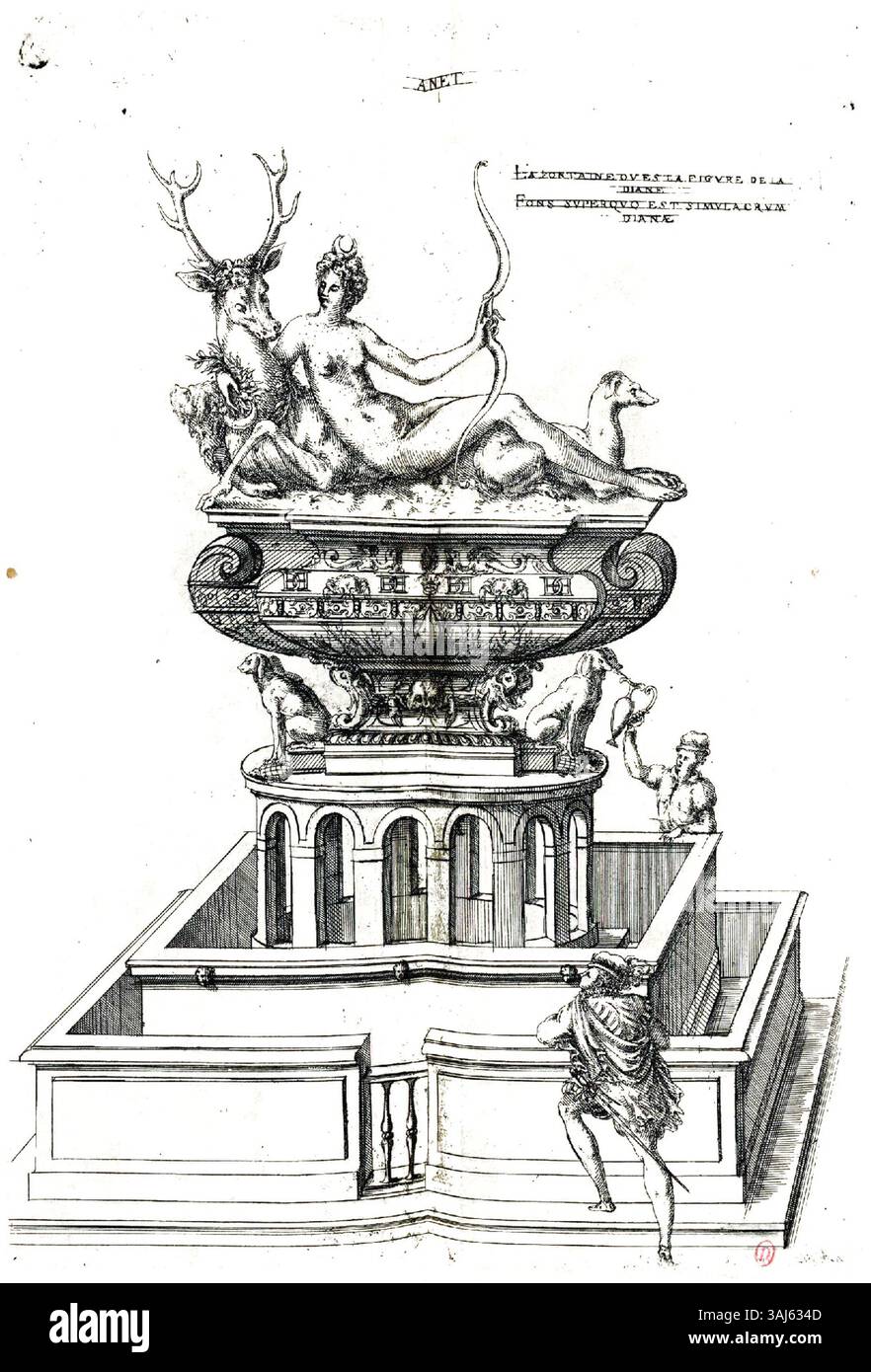 Der Kupferstich von Jacques Androuet du Cerceau zeigt den Brunnen von Diana in Château d’Anet, der 1579 veröffentlicht wurde. Dieses architektonische Merkmal ist Teil von du Cerceaus Arbeiten an bemerkenswerten französischen Gebäuden. Stockfoto