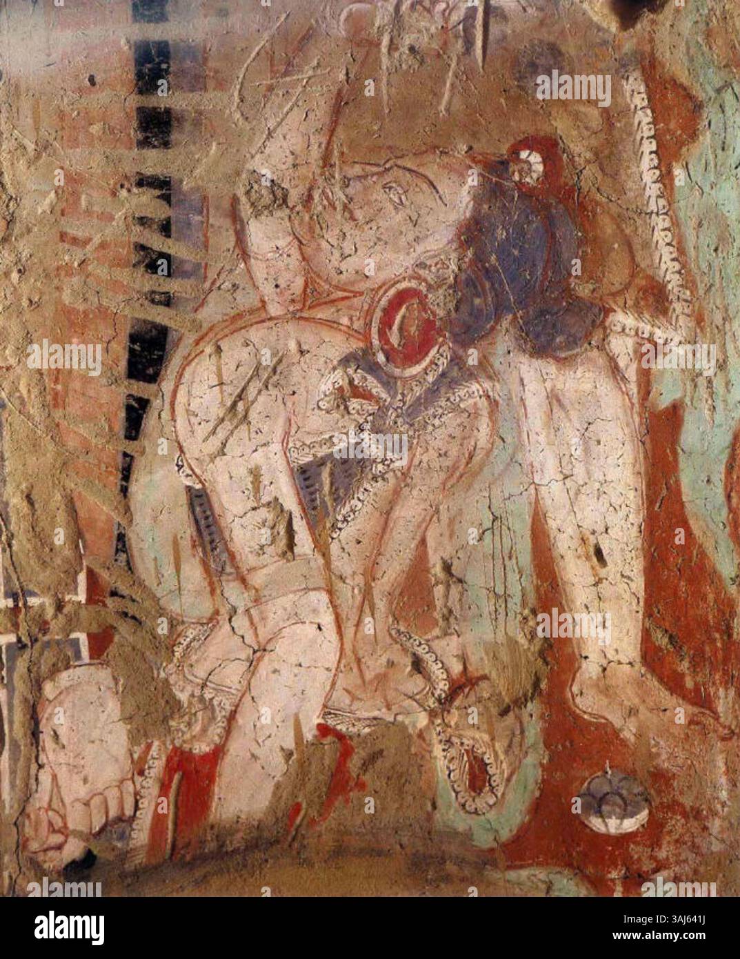 Die rechte Wand der Höhle 69, die im 7. Jahrhundert gemalt wurde, zeigt Wandmalereien buddhistischer Ikonographie und religiöser Symbolik, die die künstlerischen Traditionen der zentralasiatischen Höhlen widerspiegeln. Stockfoto