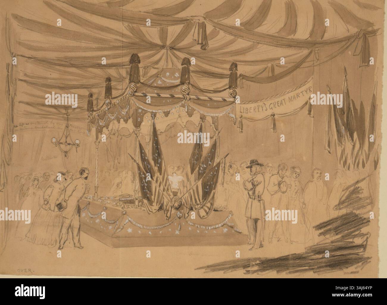 Diese Zeichnung von William Waud aus dem Jahr 1865 zeigt Abraham Lincolns Sarg, der im Rathaus von Chicago nach seinem Attentat ausgestellt wurde. Das Kunstwerk fängt die düstere Atmosphäre der Veranstaltung mit der verzierten schwarz-weißen Decke und den umliegenden Trauernden ein. Stockfoto