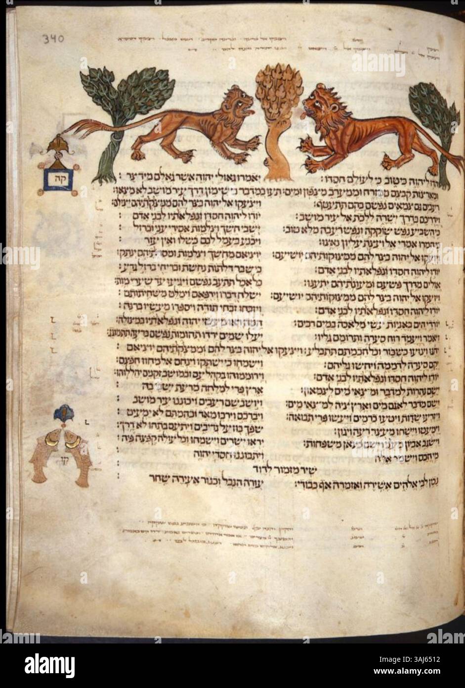 Die *Cervera Bible*, eine hebräisch beleuchtete sephardische Bibel aus der Zeit um 1300, zeigt lebendige mozarabische und jüdische Motive. Diese Handschrift enthält 451 Folien in zwei Säulen und ist ein Zeugnis der Kunst jüdischer Schriftgelehrter und Illuminatoren im Mittelalter. Stockfoto