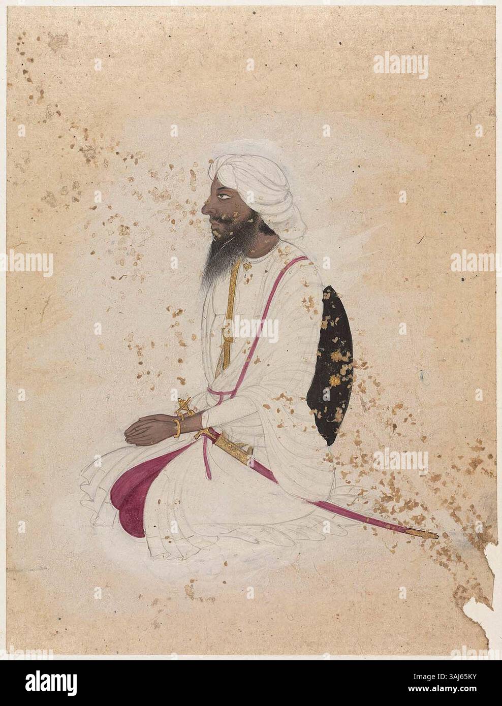 Dieses Kunstwerk, das Purkhu von Kangra Anfang des 19. Jahrhunderts schuf, zeigt einen Sikh-Soldaten aus der Lahore Darbar mit Tinte und undurchsichtigem Aquarell auf Papier. Es ist ein schönes Beispiel für die Pahari-Malschule. Stockfoto