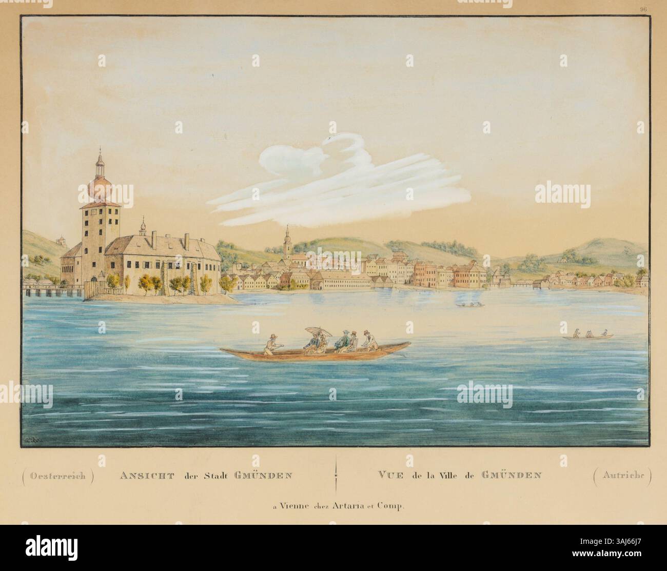 Diese handkolorierte Radierung aus dem 19. Jahrhundert zeigt Gmunden und Schloss Orth am Traunsee. Der Titel des Stückes ist in deutscher und französischer Sprache, erschienen bei Artaria, Wien. Das Bild misst ca. 26,3 x 38,5 cm, wobei die Blattgröße 43 x 51,5 cm beträgt. Stockfoto