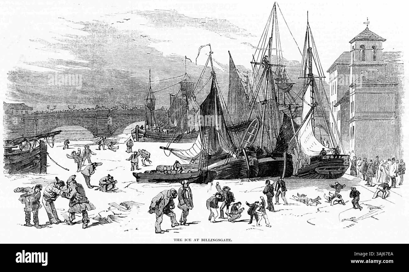 Diese Illustration aus „Pen and Pencil“, veröffentlicht am 24. Februar 1855, zeigt das Eis in Billingsgate, London. Die Zeitung, gedruckt von Joseph Clayton, zeigt visuelle Inhalte, die mit dem täglichen Leben und den Ereignissen dieser Zeit zusammenhängen, wobei die Illustration eine Winterszene auf dem Billingsgate Market, einem historisch bedeutsamen Ort, zeigt. Stockfoto