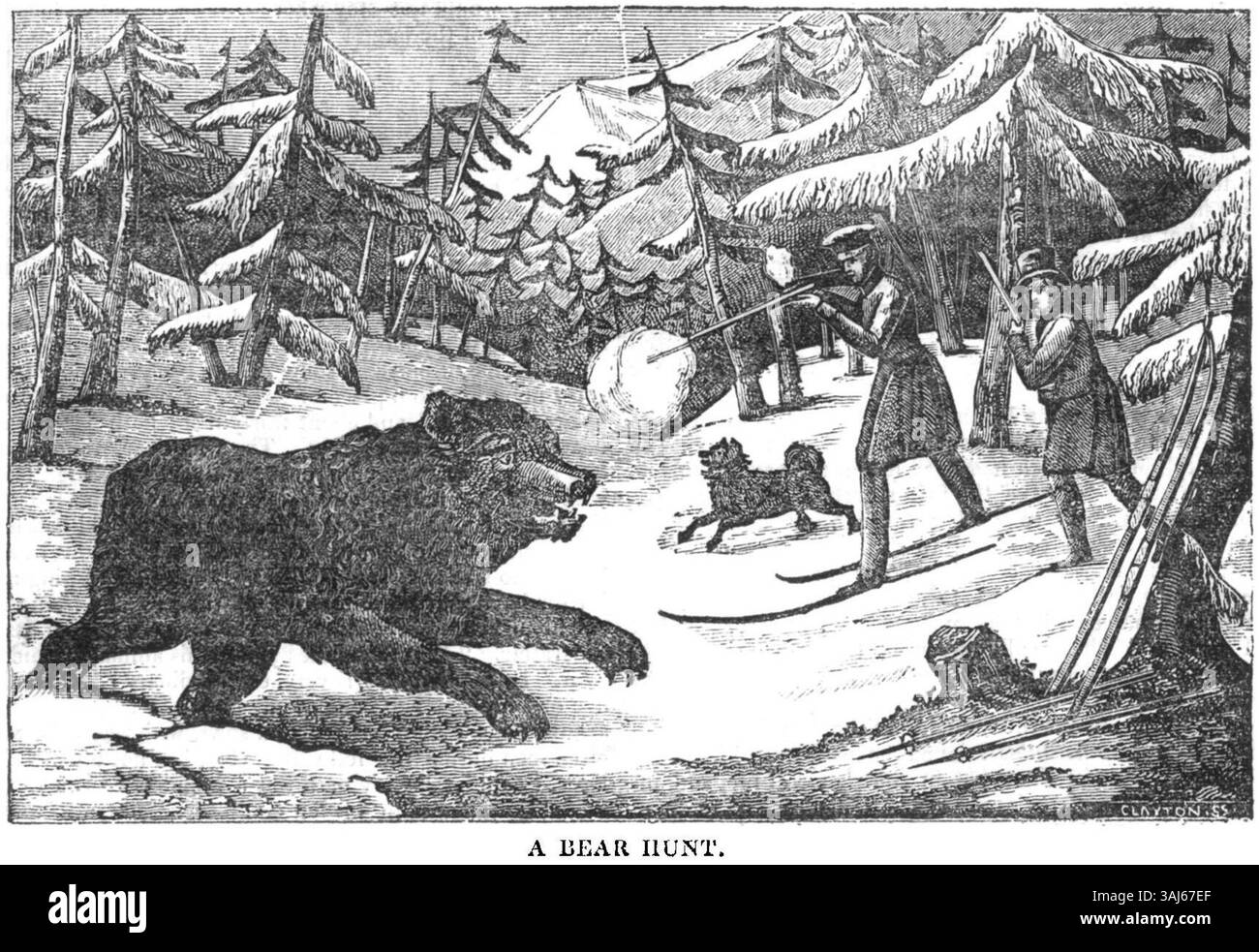Illustration aus der 1836 erschienenen Publikation „A Bear Hunt“, Teil des Dublin Penny Journal. Das Bild zeigt eine Bärenjagd, die die Aktivitäten der historischen europäischen Wildtierbeobachtungen zeigt. Stockfoto