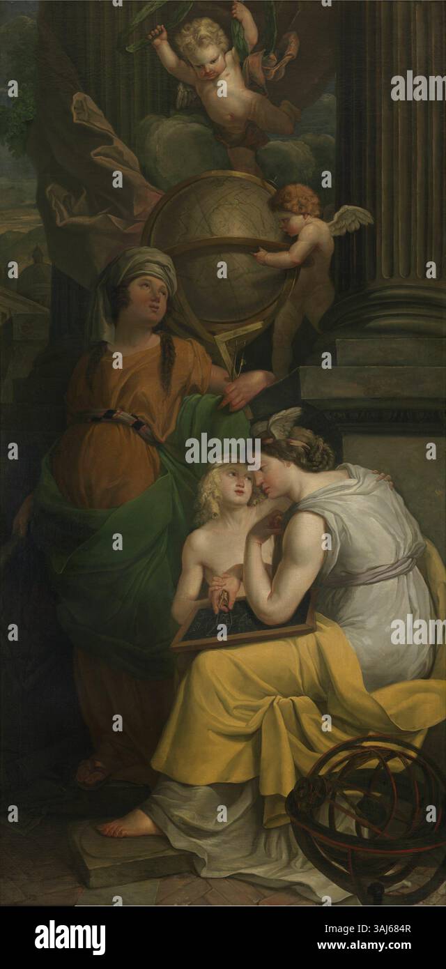 Dieses Gemälde von Pieter Goddyn aus dem Jahr 1787, *Geometrie und Arithmetik*, kombiniert Elemente der Mathematik mit allegorischen Darstellungen und zeigt das Interesse der Aufklärung an intellektuellen Aktivitäten. Stockfoto