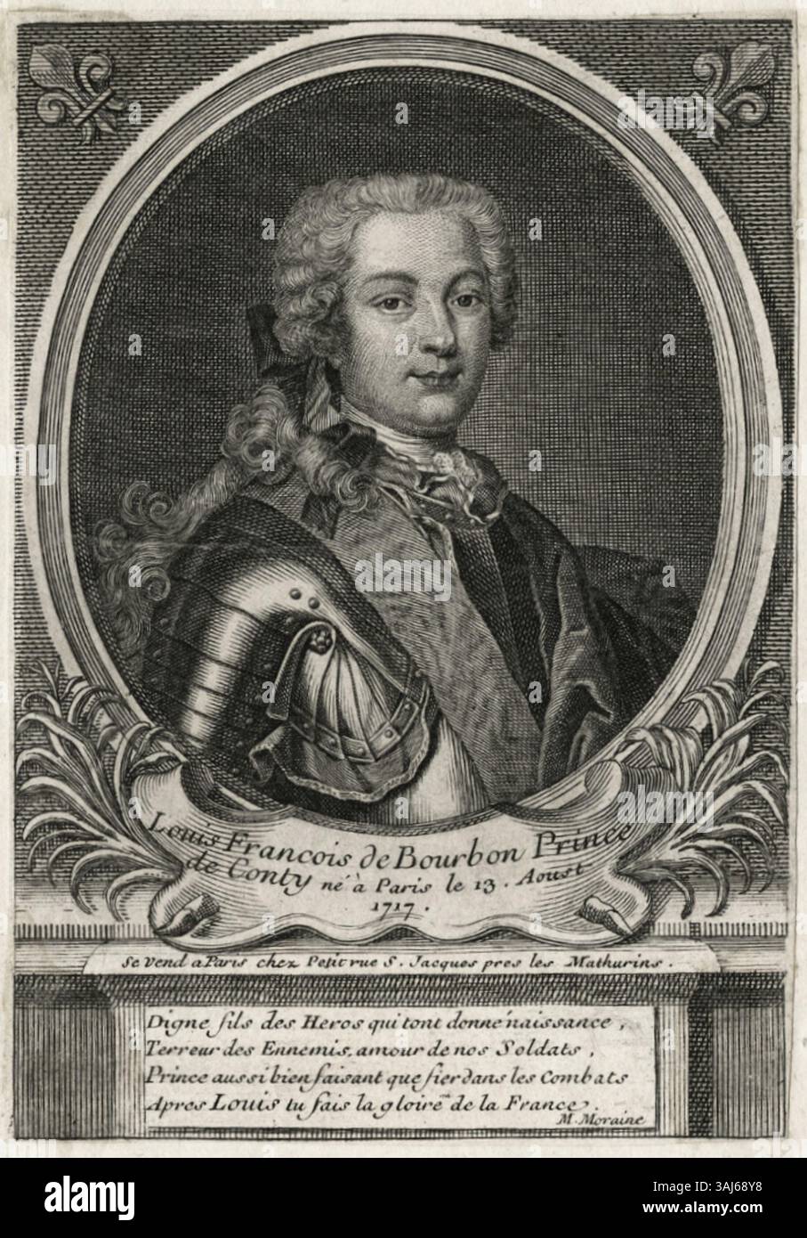 Gilles Edme Petits Ätzung von Louis Francois, Prinz von Conti, die zwischen 1727 und 1760 entstanden ist, verleiht der edlen Figur ein Gefühl von Autorität und Raffinesse. Die Gravur veranschaulicht das französische Porträt aus dem 18. Jahrhundert, das den hohen Status und die würde des Prinzen von Conti innerhalb der französischen Aristokratie feststellt. Stockfoto