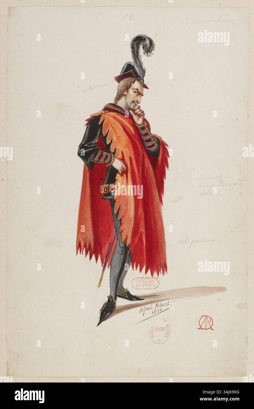 Alfred Alberts Kostümdesign für den Charakter Stello de Nici (Bonnehée) in „La magicienne“ unterstreicht die detailreiche und fantasievolle Kleidung, die der Charakter trägt. Der Entwurf wurde zwischen 1856 und 1858 erstellt. Stockfoto