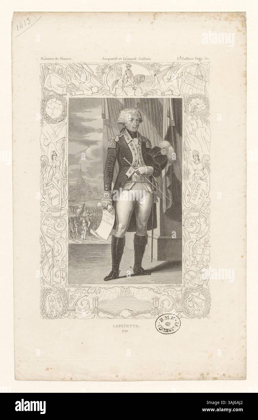 Ein Druck von Gilbert du Motier, Marquis de Lafayette aus dem Jahr 1791, der die revolutionäre französische Figur zeigt. Der Druck spiegelt Lafayettes prominente Rolle in der amerikanischen und französischen Revolution wider. Das Kunstwerk wird durch Tiefdruck hergestellt, eine Technik, die im späten 18. Jahrhundert beliebt war. Stockfoto
