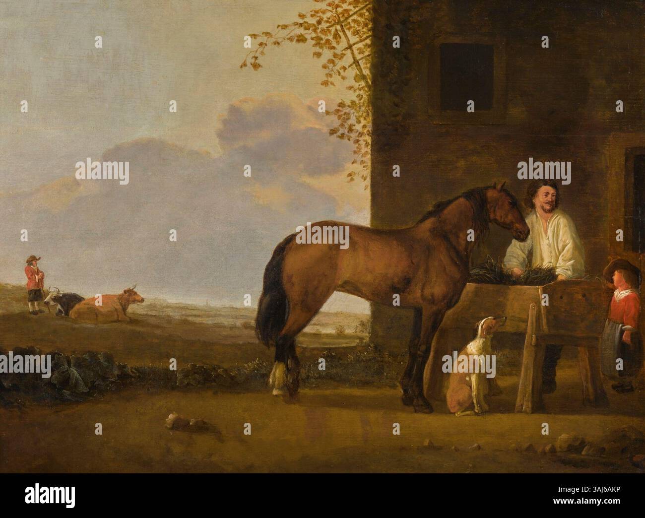 Diese Öltafel von Abraham van Calraet aus dem Jahr 1700 zeigt eine Person, die ein Pferd füttert und sein Können in der Landschaft und Tiermalerei unter Beweis stellt. Es ist Teil einer privaten Sammlung. Stockfoto