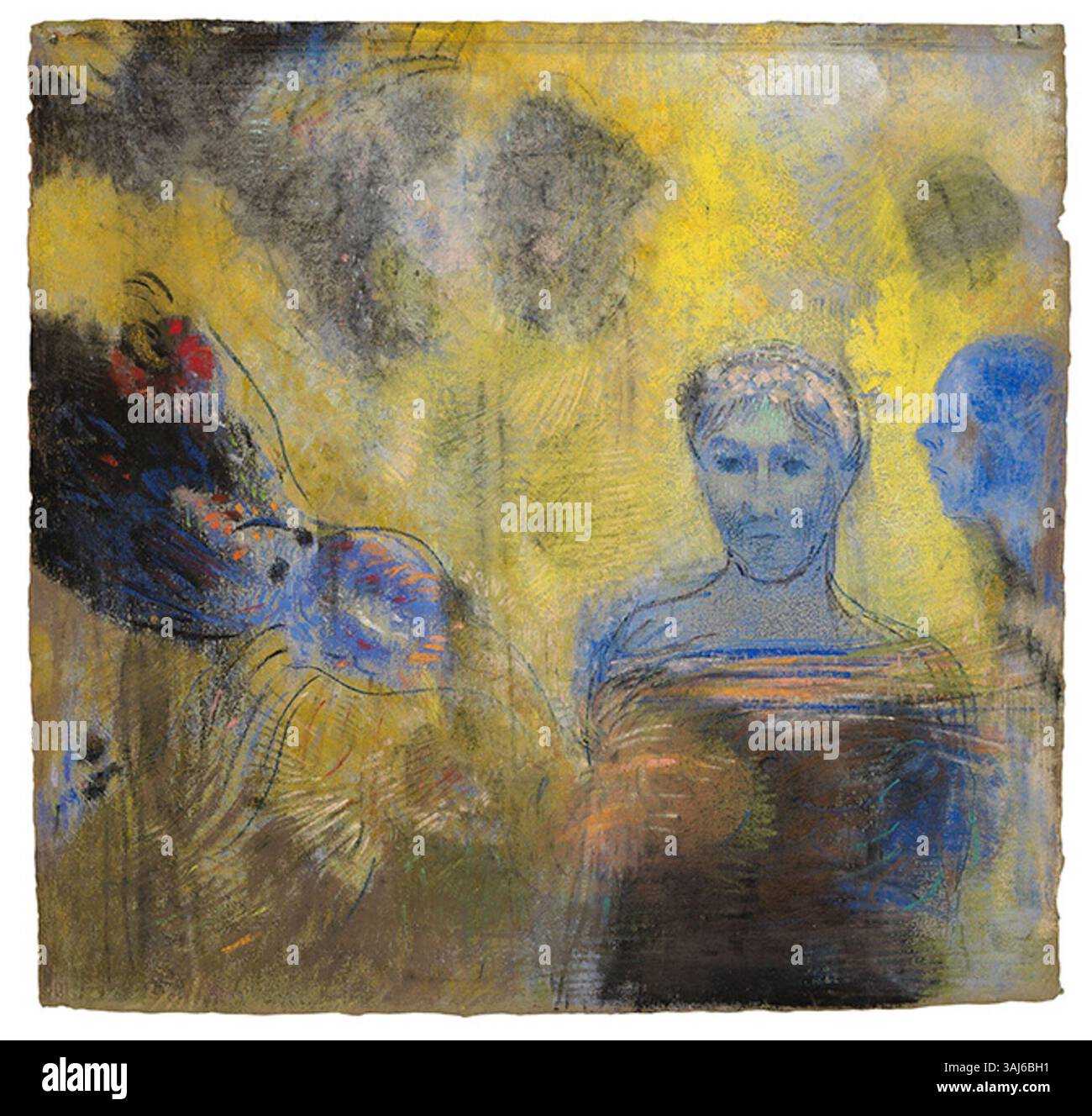 Die „Weibliche Halbfigur mit großem Blüte und Profilkopf“ von Odilon Redon, um 1890, spiegelt Redons Faszination für das Zusammenspiel von Mensch und Natur wider, dargestellt durch ein zartes Profil und eine überdimensionale Blume. Stockfoto