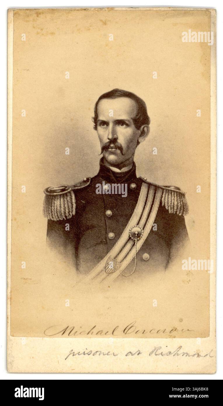 Dieses Foto von 1861-1863 zeigt Michael Corcoran, einen Gewerkschaftsgeneral, der während des Amerikanischen Bürgerkriegs gefangen genommen wurde. Das Bild, das während seiner Gefangenschaft in Richmond aufgenommen wurde, spiegelt die Not des Krieges wider. Stockfoto