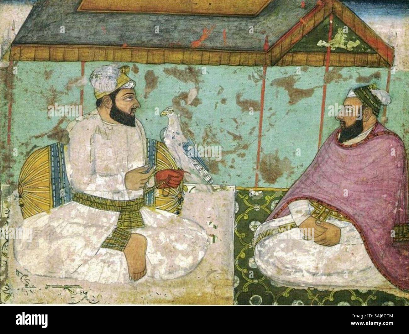Ein Gemälde aus dem 17. Jahrhundert, das Bhai Rupa Chand und Guru Hargobind im Stile der Mogul darstellt. Bhai Rupa Chand war ein hingebungsvoller Anhänger von Guru Hargobind. Stockfoto