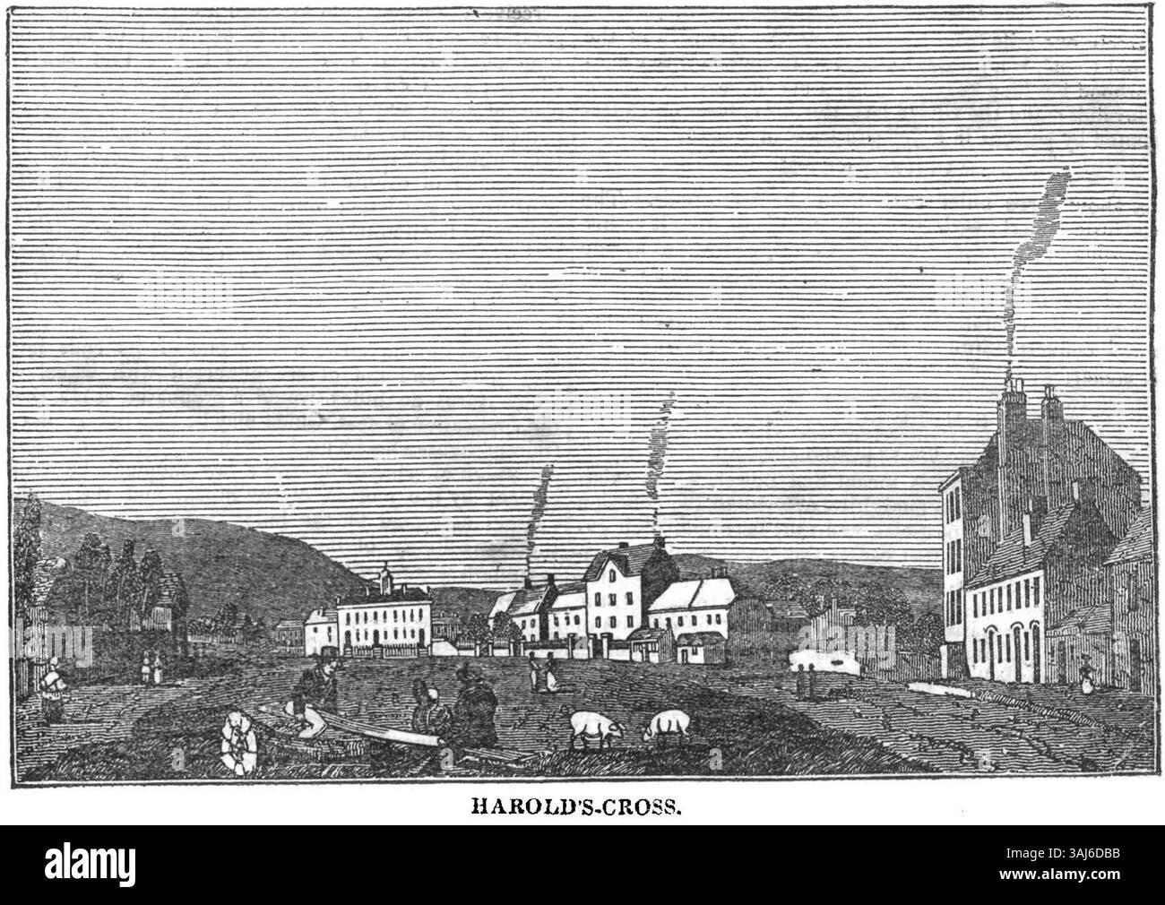 Diese 1835 entstandene Illustration aus dem Dublin Penny Journal zeigt Harold's Cross, ein Dorf in der Nähe von Dublin, Irland. Das Kunstwerk fängt die ländliche Szene ein und hebt den Lebensstil und die Umgebung dieses irischen Dorfes während des frühen 19. Jahrhunderts hervor. Stockfoto