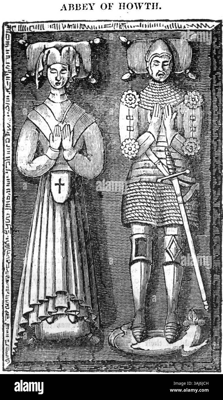 Das Grab der Familie St. Laurence in der Abbey of Howth ist ein wichtiges Stück irischer Geschichte. Es ist in Band 2 des Dublin Penny Journal enthalten und symbolisiert das historische und kulturelle Erbe der irischen Aristokratie und die architektonischen Traditionen der Zeit. Stockfoto