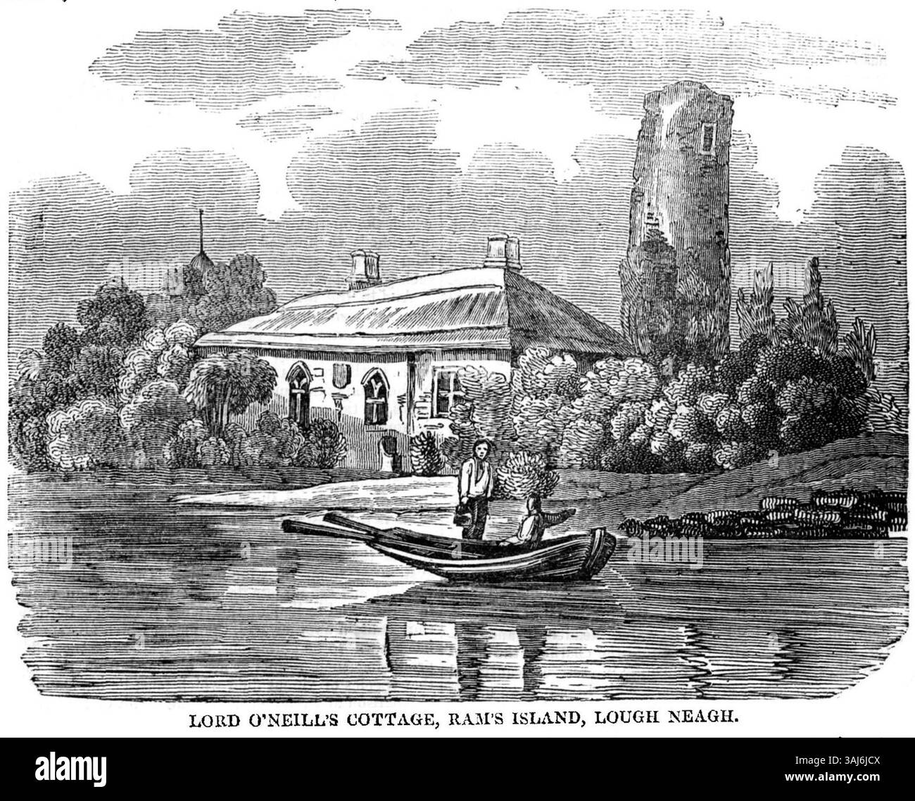Zeichnung von Lord O'Neill's Cottage auf RAM's Island in Lough Neagh, Irland, ab 1833. Es fängt die ländliche Landschaft der Insel und das Design des Cottages ein. Stockfoto